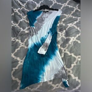 blue, white, and gray, long sleeve blouse